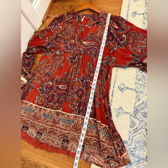 Free People Say You Love Me Mini Dress M Orange Paisley Boho Long Sleeve - Picture 11 of 13